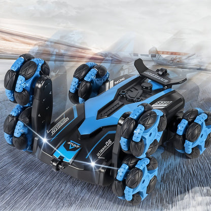 Blue and black remote control car on a reflective surface with blurred background