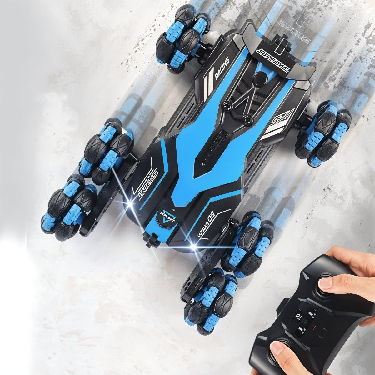 Black and blue remote control scooter with a hand holding the controller on a light gray background