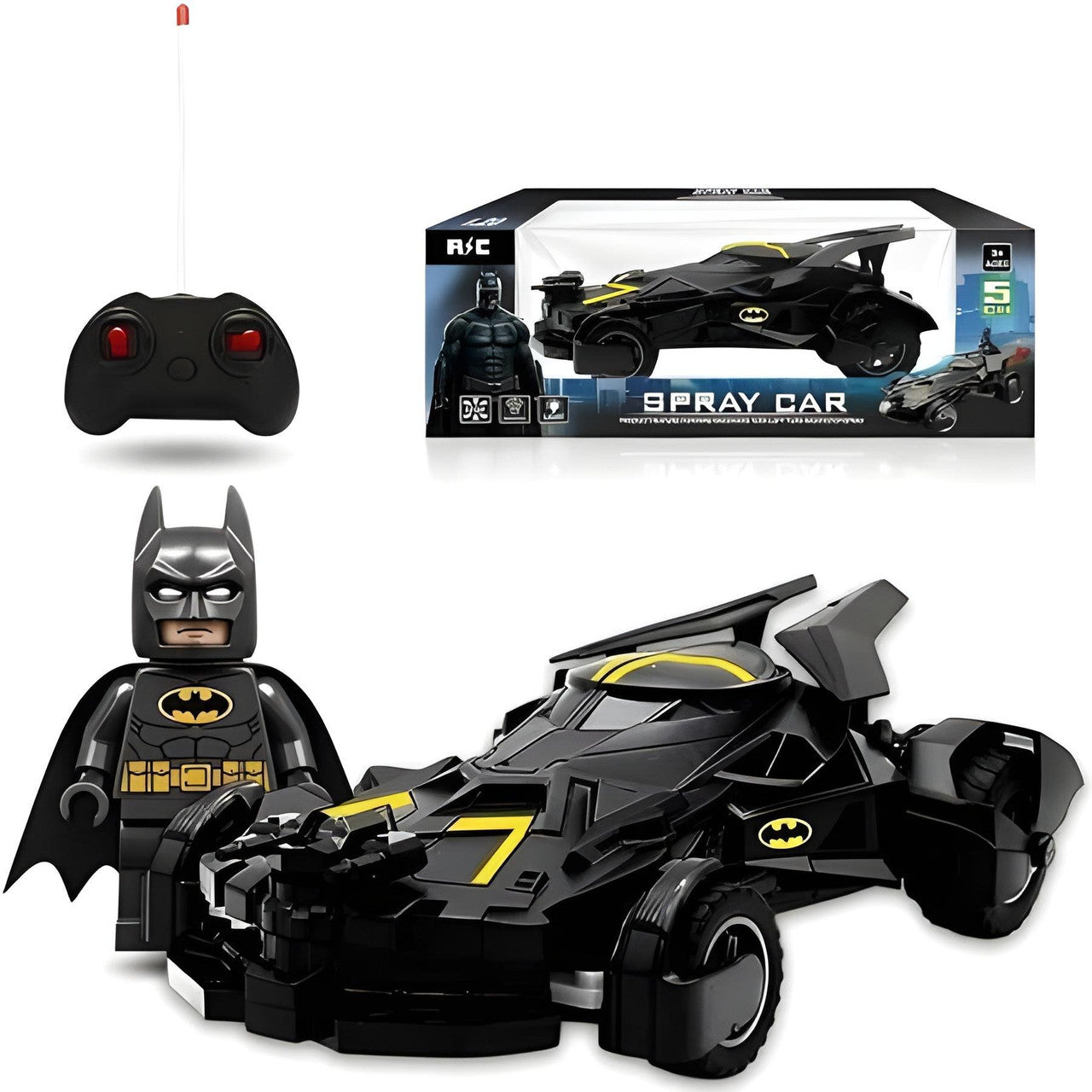Toy Batmobile with remote control and packaging on a white background