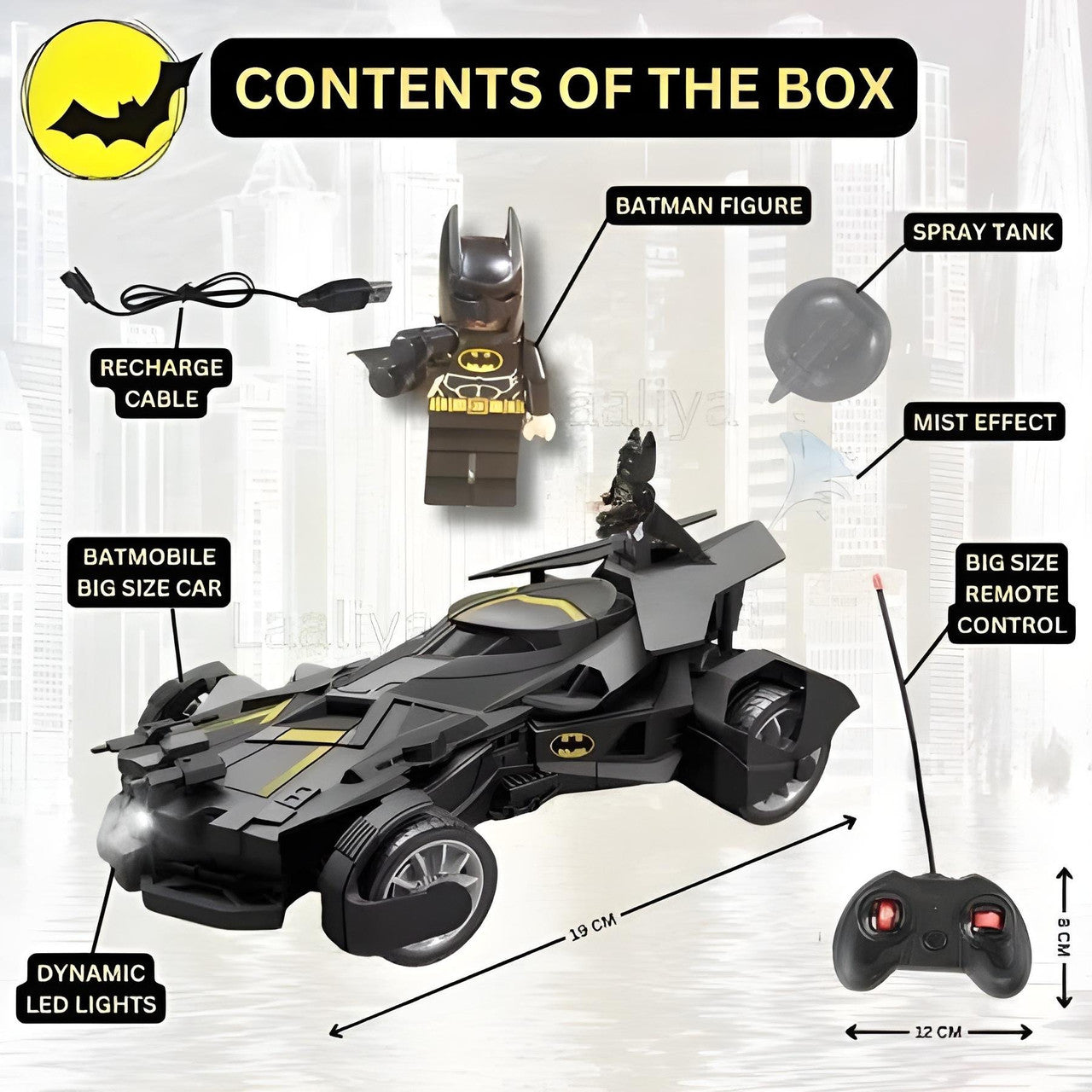 Toy Batmobile with Batman figure and accessories on a white background