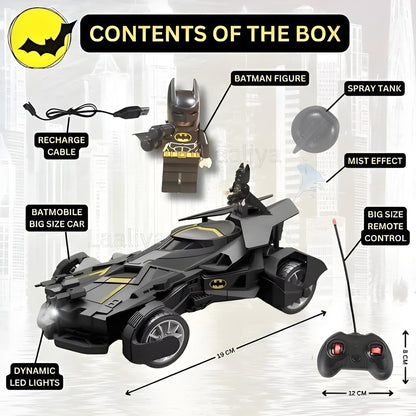 Toy Batmobile with Batman figure and accessories on a white background