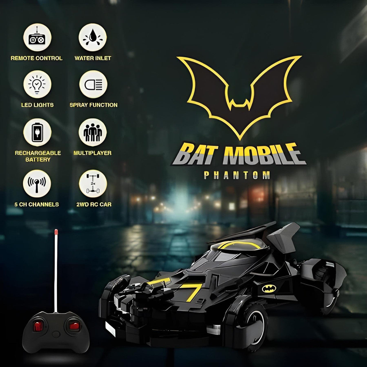 Bat Mobile Phantom toy car with remote control and features listed on a dark background