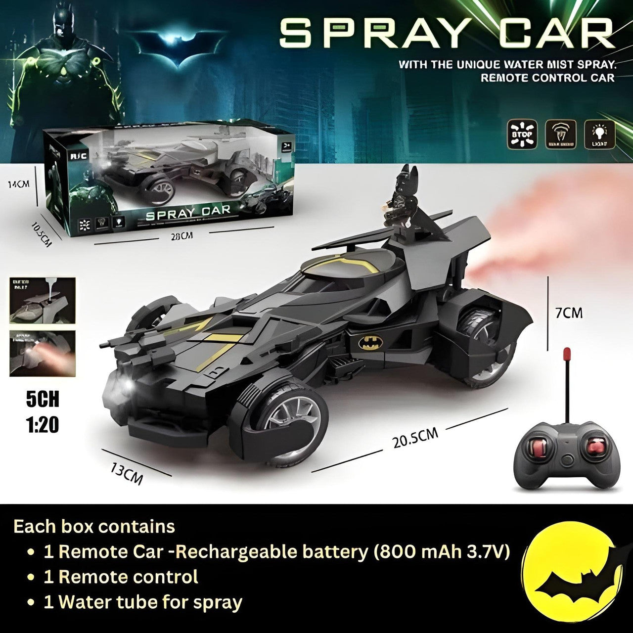 Remote control spray car with Batman theme, packaging, and specifications displayed.