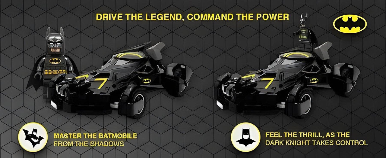 Two toy Batmobiles with Batman logo on a dark background