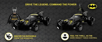 Two toy Batmobiles with Batman logo on a dark background