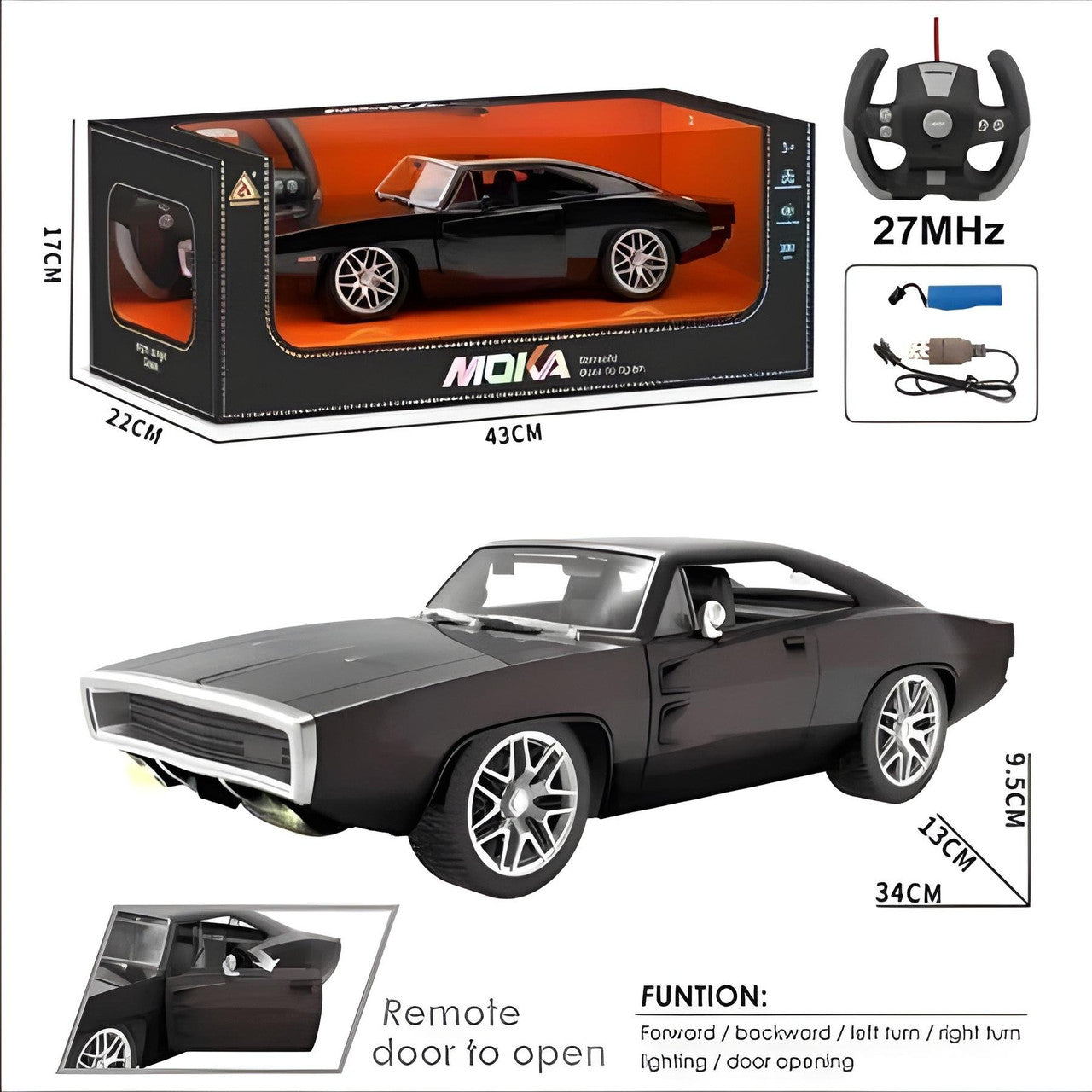 Black toy car with remote control, packaging, and specifications displayed.