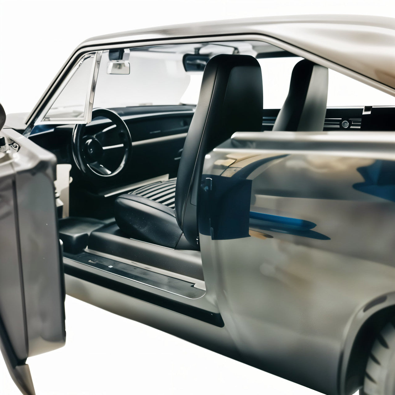 Close-up of a classic car's interior with open door