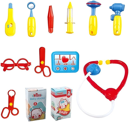 Set of colorful toy medical tools and equipment on a white background