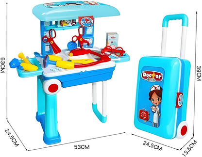 Toy doctor's desk with tools and a suitcase, including dimensions.
