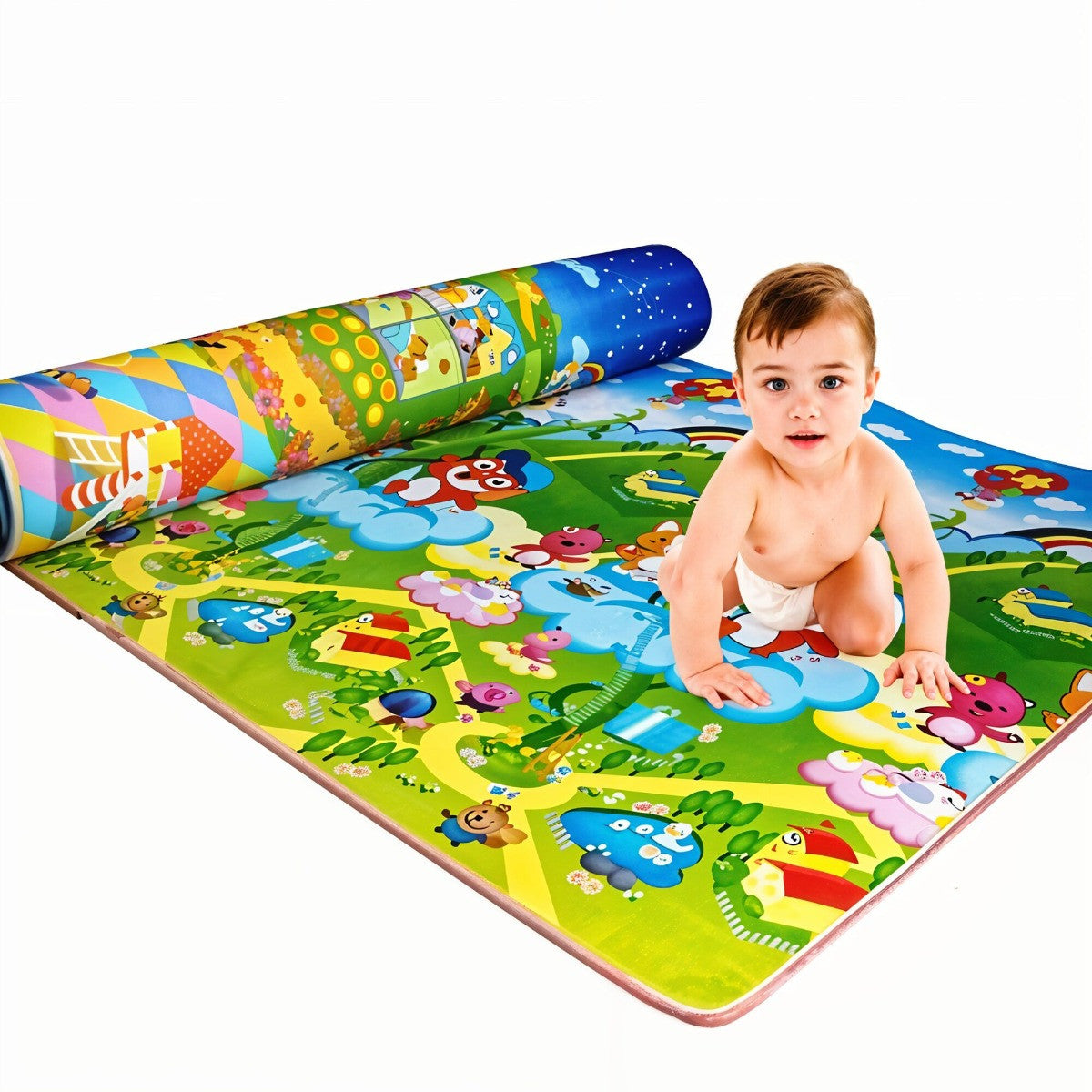 Todfod Double-Sided Kids Play Mat, Waterproof Educational Baby Crawling Mat, Large Size, Cartoon Design