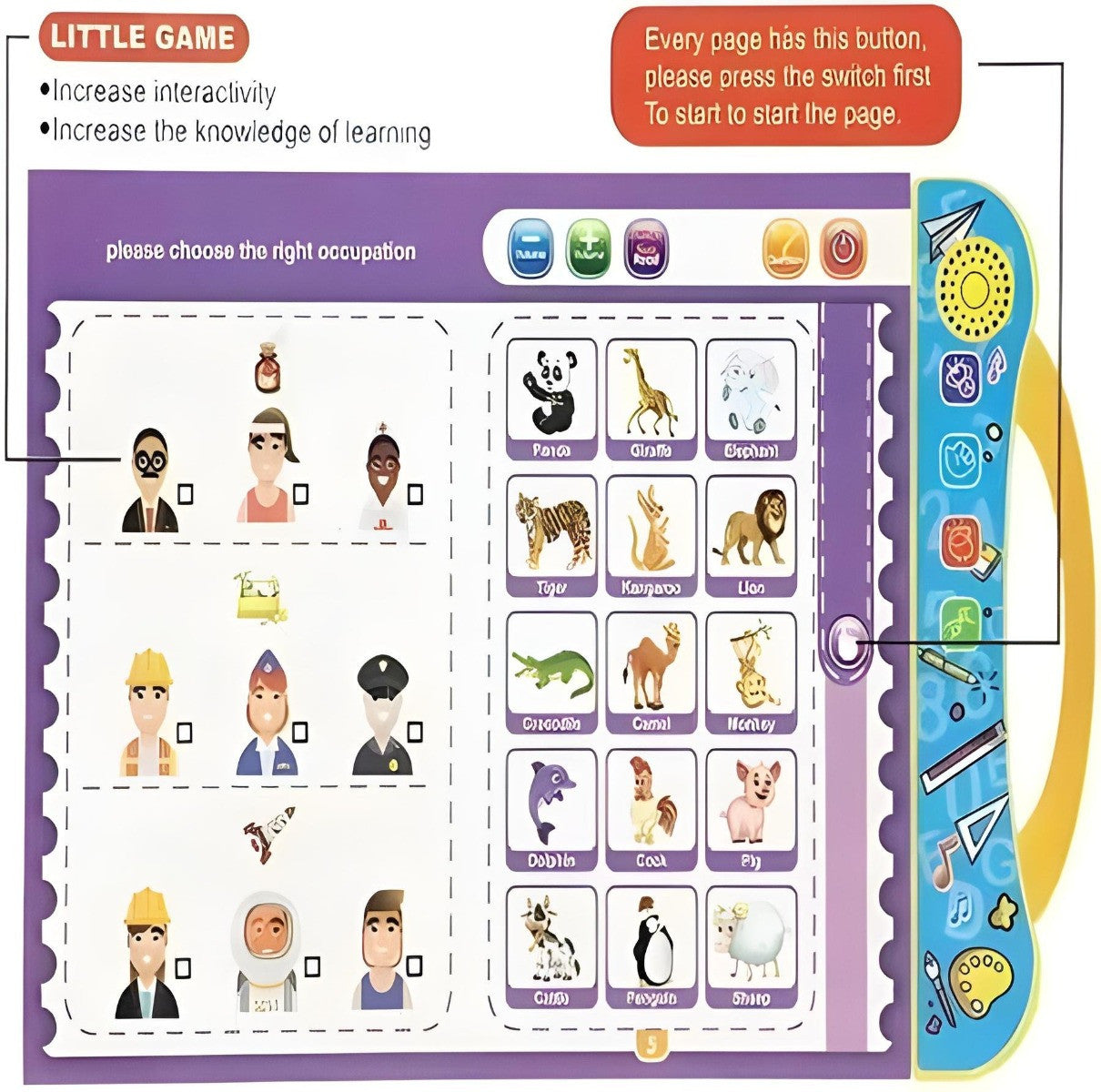 Educational game board with character selection interface and colorful buttons on a purple background.