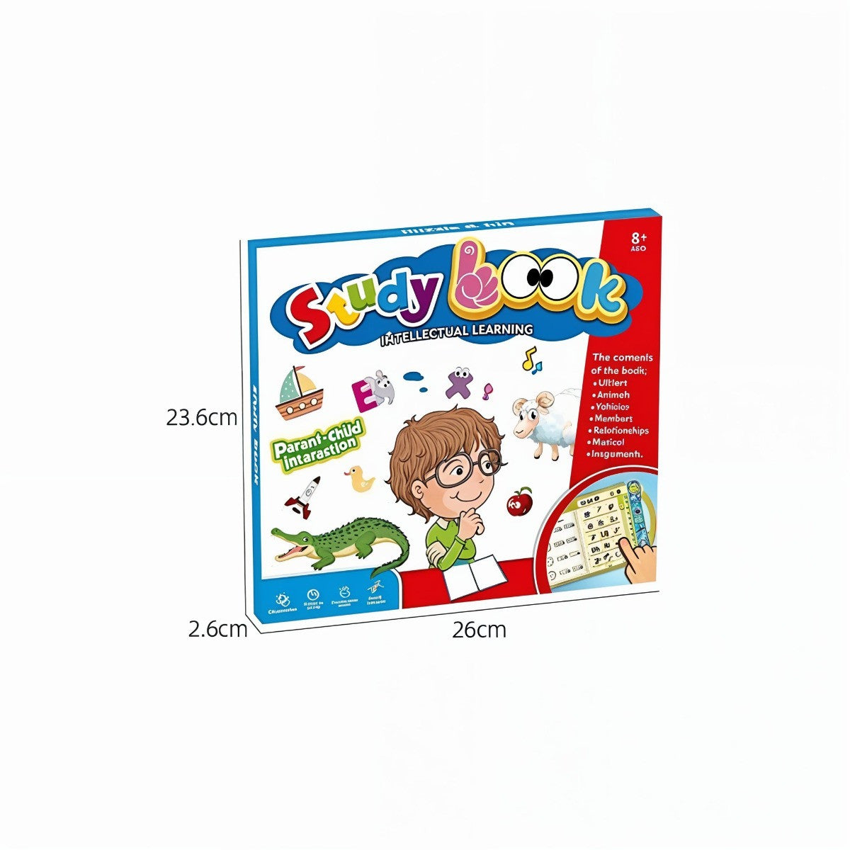 Colorful packaging of a children's educational book with dimensions on a white background