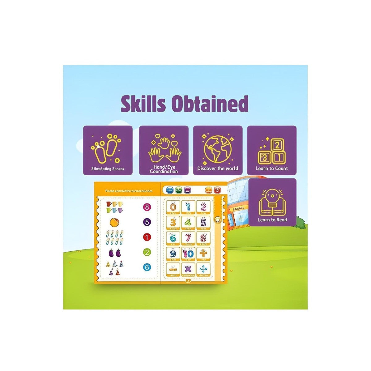 Educational product showing skills obtained with icons and text on a blue and green background