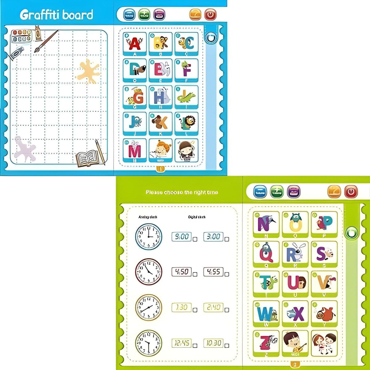 Educational children's board with alphabet and time learning activities.