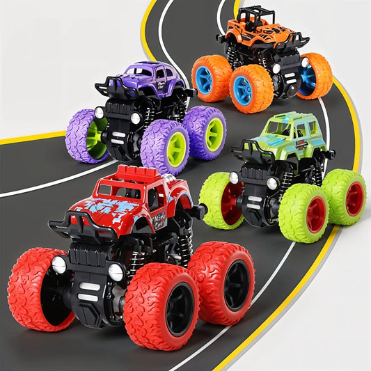 TodFod 4x4 Big Wheel Monster Truck Toy Cars – Set of 4 Pull Back Action Vehicles, 1:48 Scale, Purple Body with Green Wheels, Rugged Off-Road Design for Boys & Girls Ages 3+