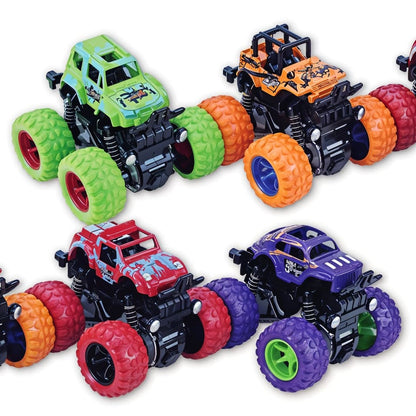 TodFod 4x4 Big Wheel Monster Truck Toy Cars – Set of 4 Pull Back Action Vehicles, 1:48 Scale, Purple Body with Green Wheels, Rugged Off-Road Design for Boys & Girls Ages 3+