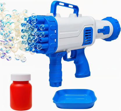 Blue and white bubble gun with accessories on a white background