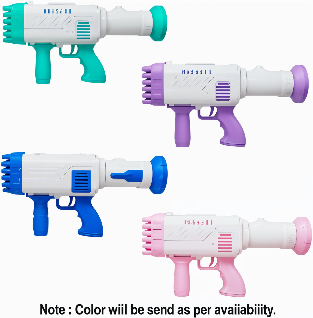 Four colorful water枪s with blue, purple, pink, and teal accents on a white background.