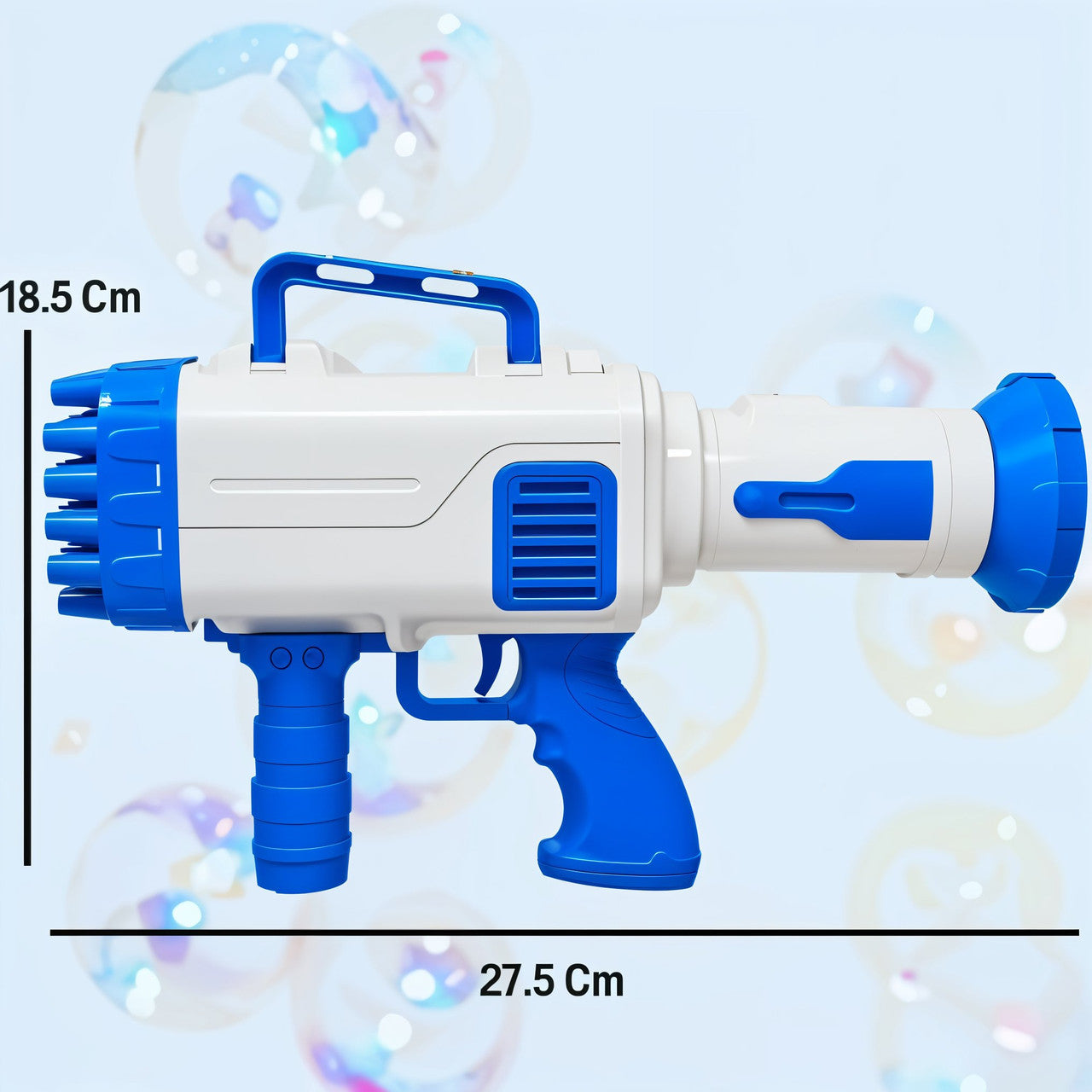 Bubble gun with measurements on a light blue background with bubbles