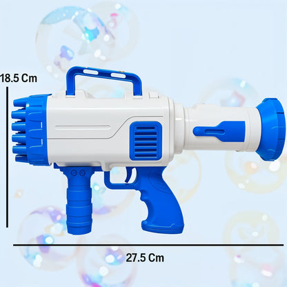 Bubble gun with measurements on a light blue background with bubbles