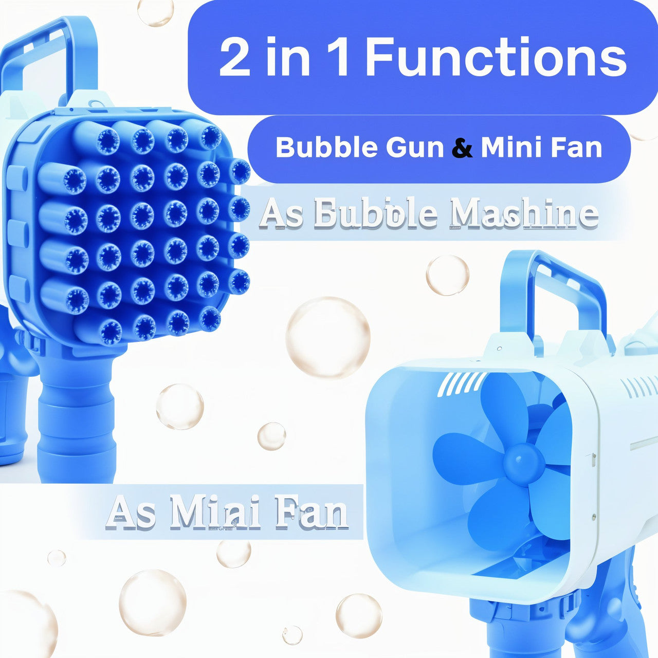 Blue bubble gun with bubble machine and mini fan functions on a white background with bubbles.