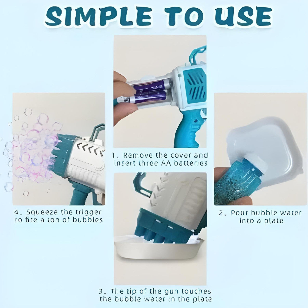 Instructions for using a bubble gun with text on a light blue background