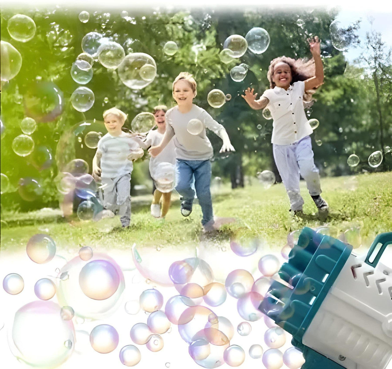 Children playing with bubbles in a park, with a bubble machine in the foreground.