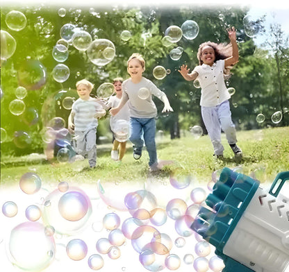 Children playing with bubbles in a park, with a bubble machine in the foreground.