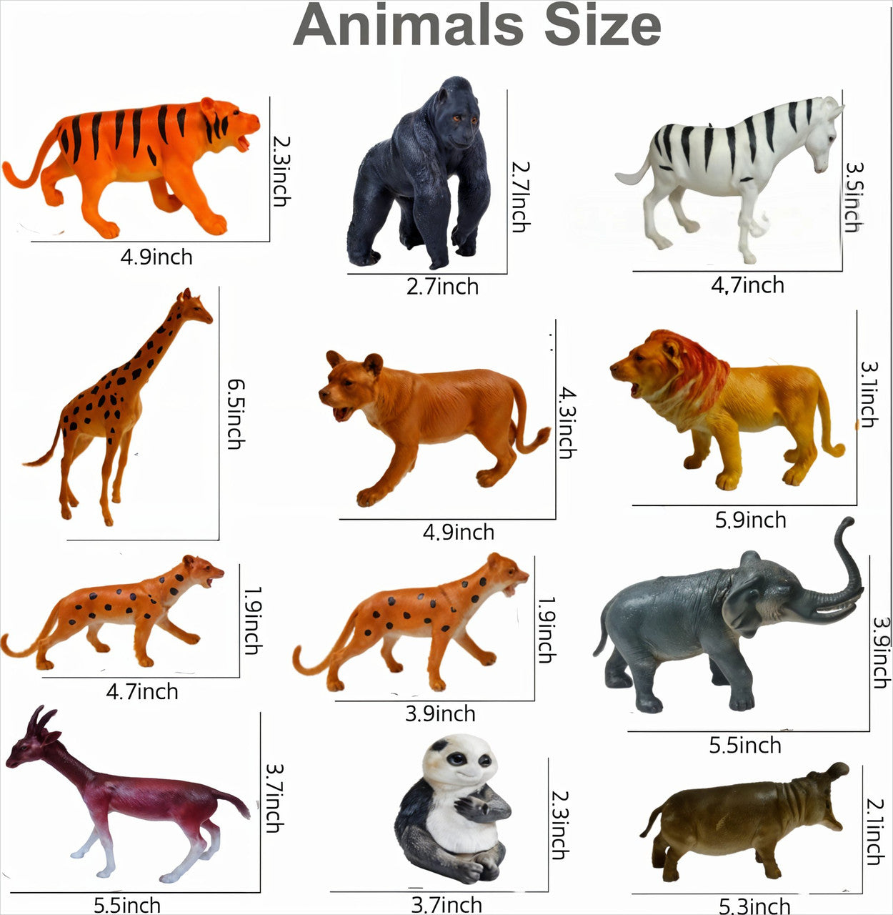 Chart showing various animal figurines with their corresponding sizes in inches.