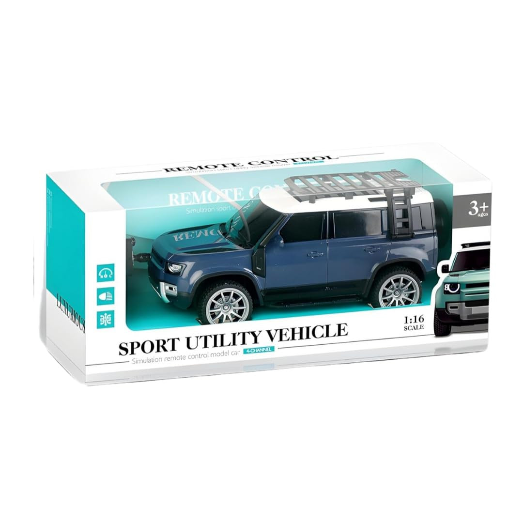 Boxed remote control toy SUV with a blue vehicle on a white background