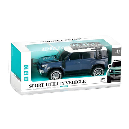 Boxed remote control toy SUV with a blue vehicle on a white background