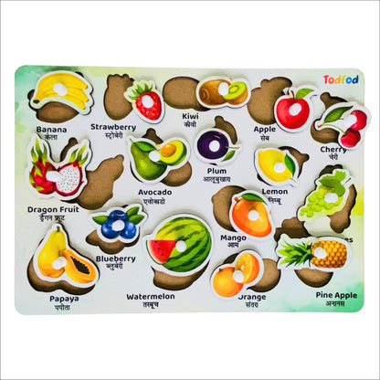 Fruit-themed educational puzzle with colorful illustrations and labels on a white background.