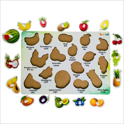 "Todfod Wooden Fruit Puzzle Board for Toddlers | 16|Piece Peg Puzzle with English & Hindi Labels | Montessori Educational Toy for Kids Age 2+ | Safe & Durable Learning Puzzle Game "