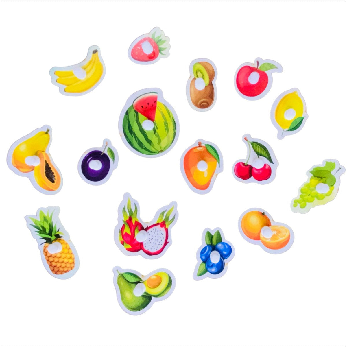 Colorful fruit-shaped stickers on a white background