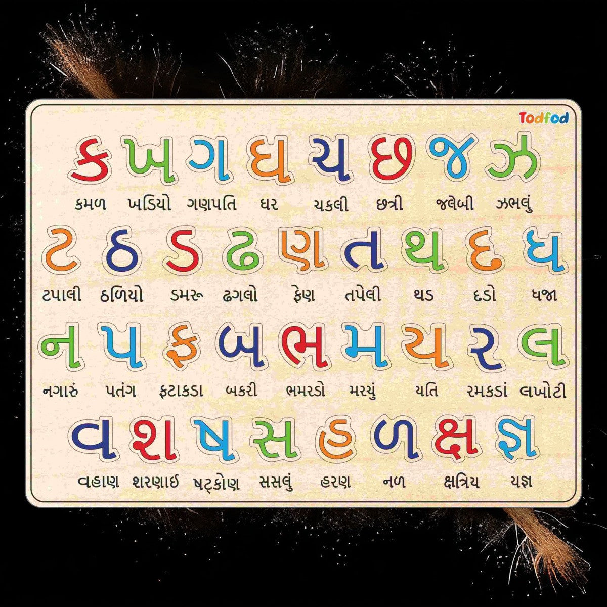Colorful Gujarati alphabet chart on a wooden board with a black background