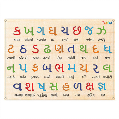 Colorful Gujarati alphabet chart on a beige background
