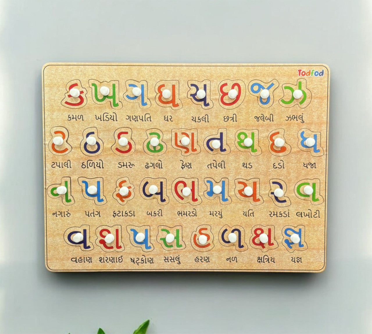 Wooden Gujarati alphabet puzzle on a light gray background