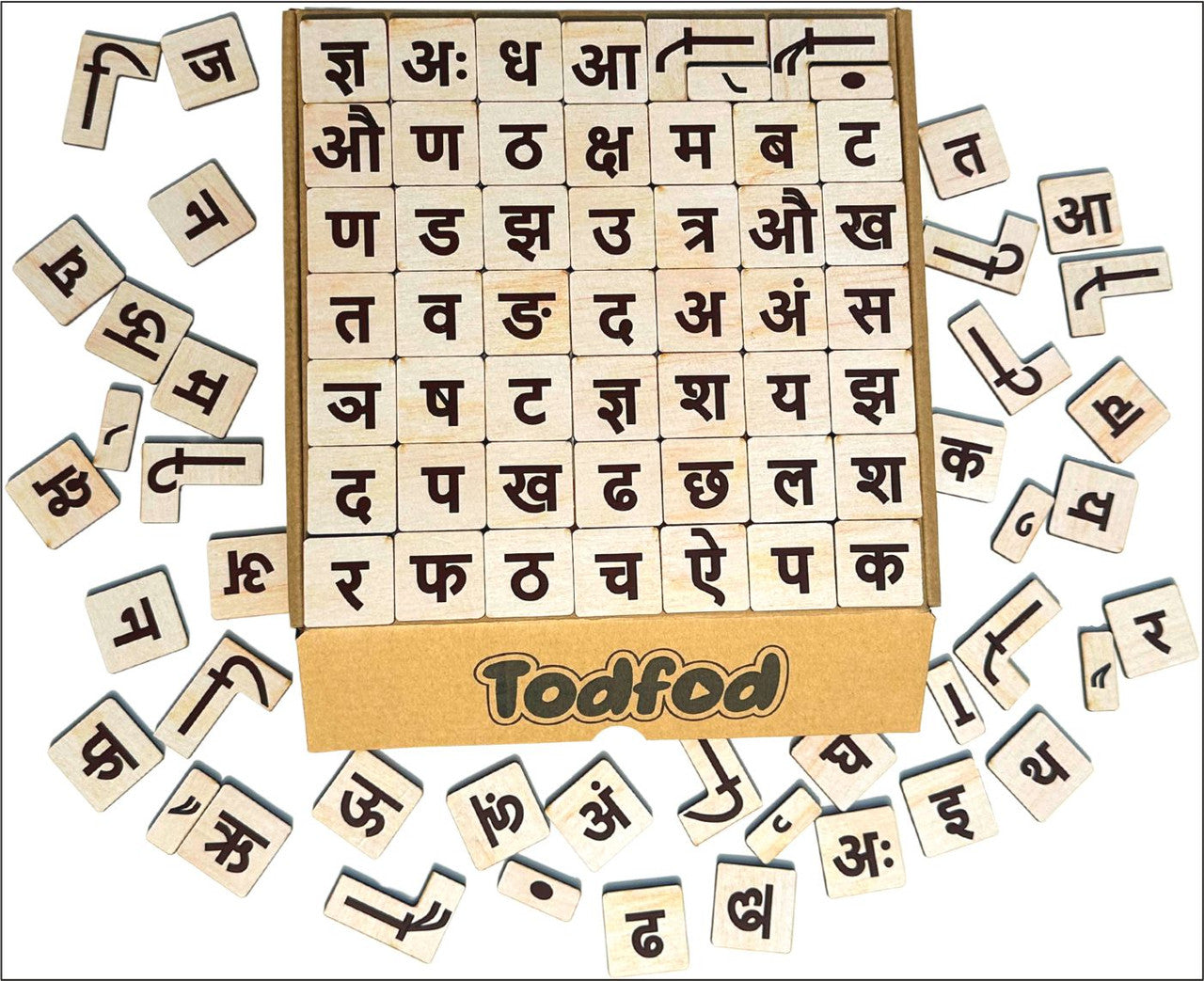 Hindi letter tiles with a wooden box labeled 'Todfod' on a white background