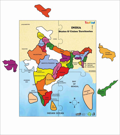 Colorful map of India with states and territories on a white background