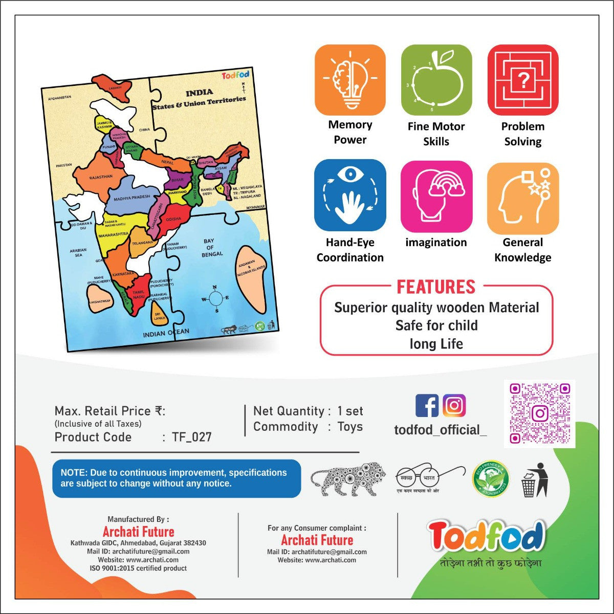 Educational puzzle map of India with features and branding information on a white background