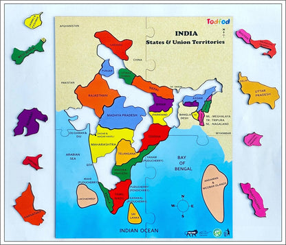 Colorful map of India with states and union territories on a white background