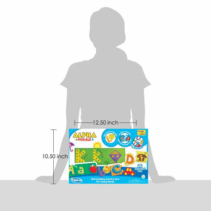 Child's educational toy set with dimensions shown relative to a standing person.