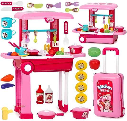 Todfod ABS Kitchen Set for Kids Girls | Large Pretend Cooking Playset with 30+ Accessories, Portable Trolley Toy Kitchen for Role Play & Early Learning Fun