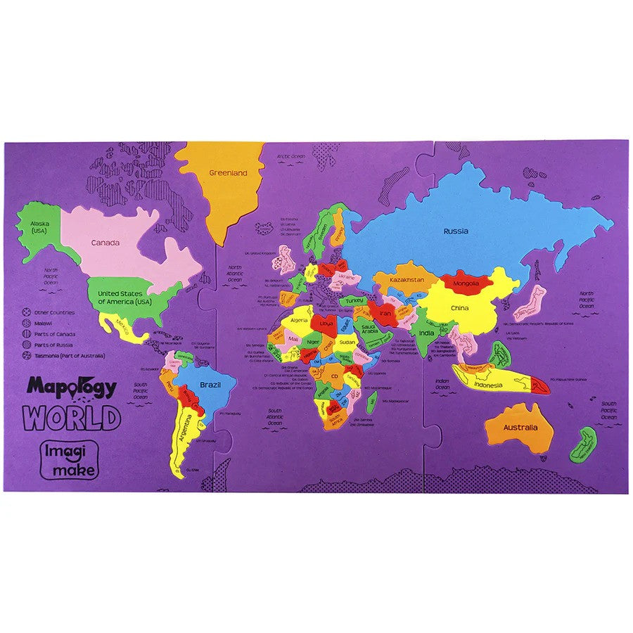 World map puzzle on a purple background with colorful countries