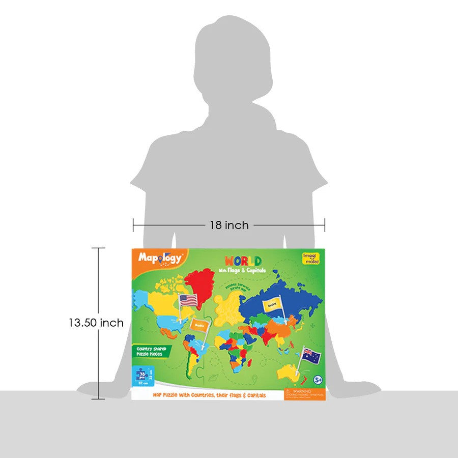 Map of the World puzzle box with dimensions shown against a person silhouette