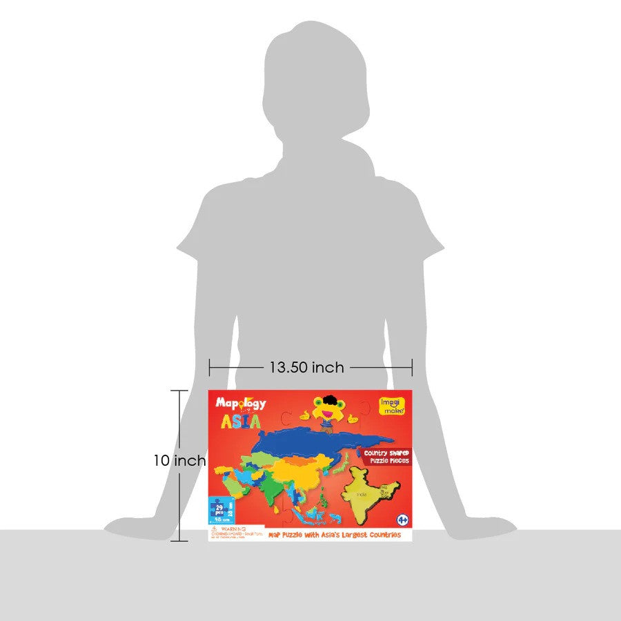 Map of Asia puzzle box with dimensions shown relative to a person