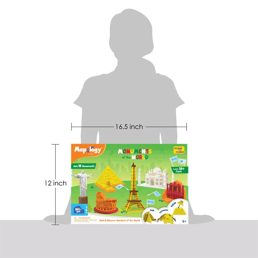 Mapology Monuments of the World kit with dimensions shown against a child's silhouette.