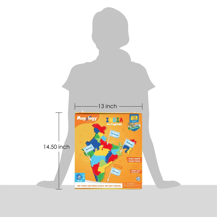 Map of India puzzle box with dimensions shown relative to a person