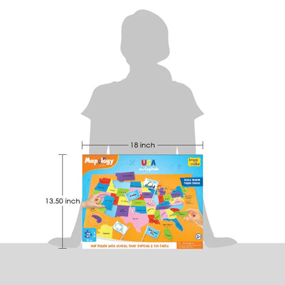 Map of America educational puzzle with dimensions shown against a person silhouette