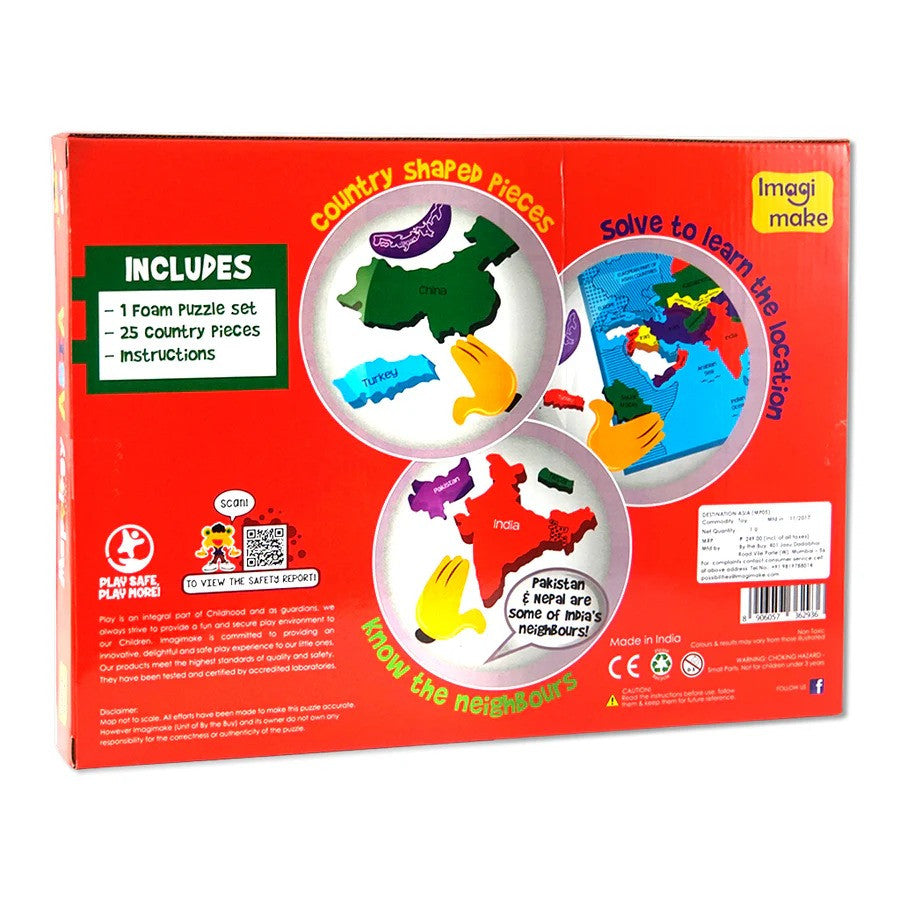 Box of a foam puzzle set with country-shaped pieces on a white background